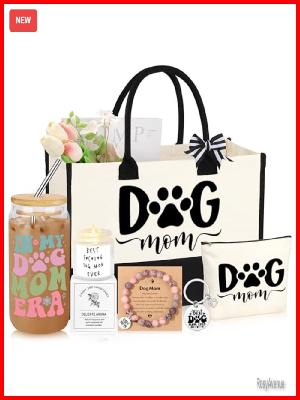 Canvas Dog Mom Tote Bag Gift Set Makeup Bag Keychain Bracelet
